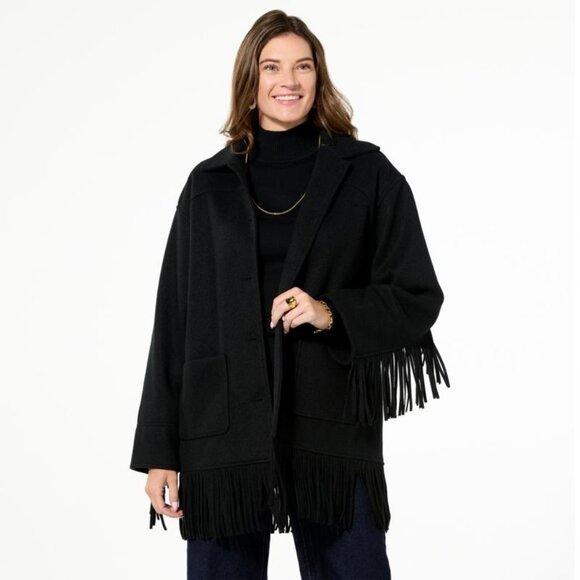 TWRHLL Christie Brinkley Brushed Faux Melton Jacket Size 2XP Fringe Trim Black - Picture 1 of 6